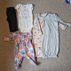 Newborn bundle 2 sleep dresses, 1 PJ, 1 pant, 1 onsie
